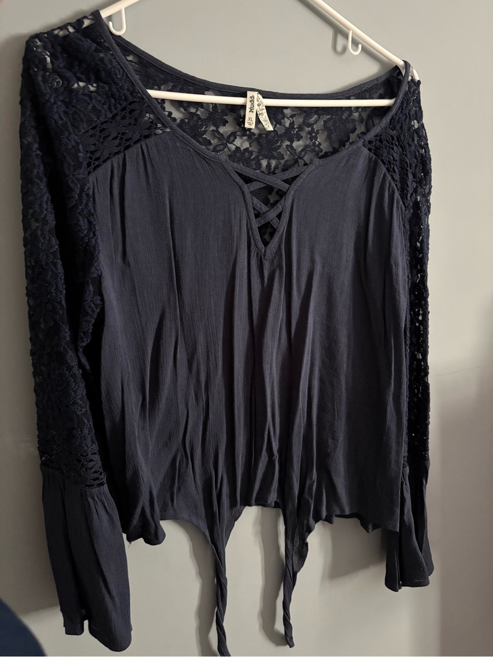 Mudd Navy Lace Yoke Crisscross Tie-Front Blouse